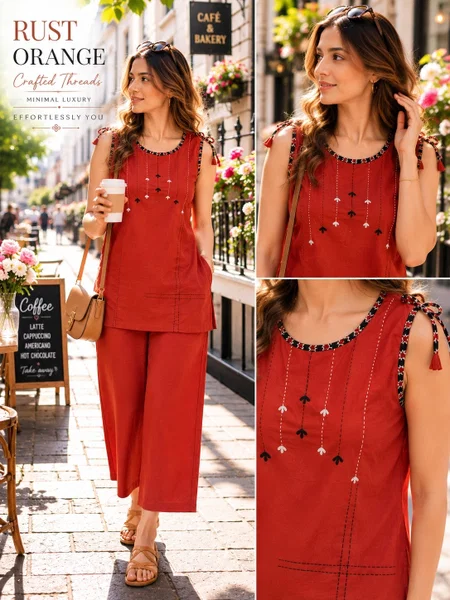 Ff Daboo Cotton Strips Pattern Thread work Co Ord Set
